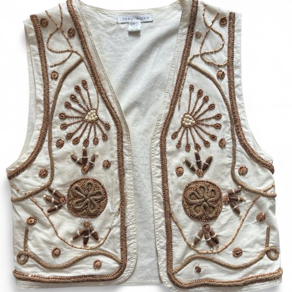 The Limited Ivory Beaded & Embroidered Vest, Size Medium, Coastal Cowgirl